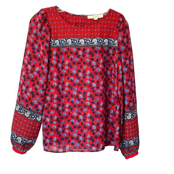 Loft Womens Small LS Red Blue Floral Print Tunic Blouse Lightweight Boho Office - Picture 1 of 10
